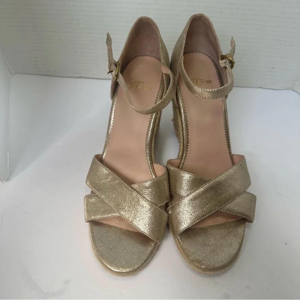 J. Crew Women’s Metallic Gold Wedge Espadrille Sandals with Ankle Strap-Size 8.5
